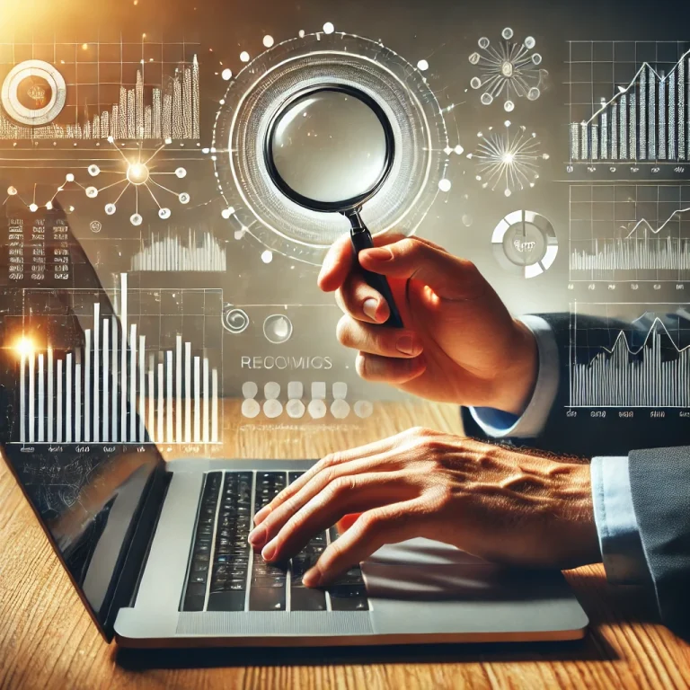 Pessoa utilizando um notebook enquanto segura uma lupa diante de gráficos digitais e indicadores financeiros, representando a análise minuciosa de dados de mercado. A imagem remete à investigação de tendências e flutuações no câmbio, essencial para decisões estratégicas em investimentos, comércio exterior e gestão de riscos econômicos.