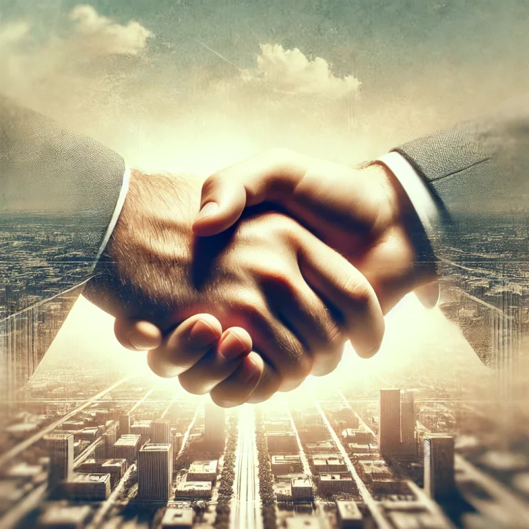 DALL·E 2024-08-12 09.28.28 - A detailed image of two human hands shaking in a firm grip, symbolizing partnership and cooperation, but from a more distant perspective