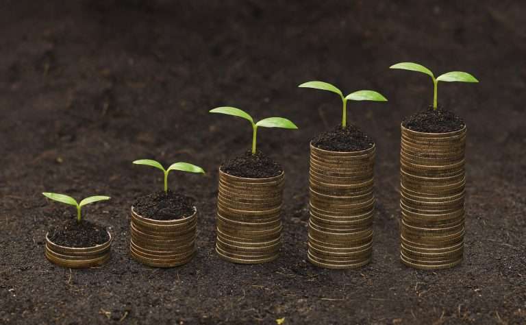 Cinco pilhas de moedas organizadas em escala crescente, cada uma com uma muda verde plantada no topo, representando o crescimento progressivo gerado por investimentos de impacto que combinam retorno financeiro com benefícios socioambientais.