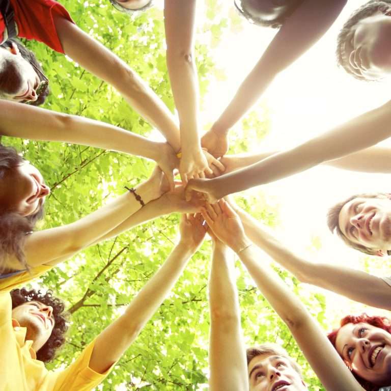 Grupo diverso de jovens formando um círculo e erguendo os braços para o centro, tocando as mãos uns dos outros sob a luz do sol filtrada por árvores verdes, em gesto de união e colaboração.